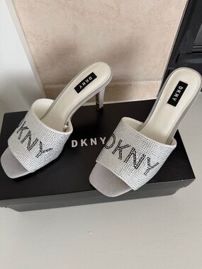 New DKNY Silver Crystal Logo Slide Mules